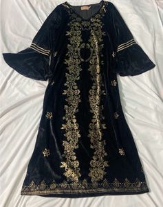 Black Velvet Foil Print Flared Sleeve Kurta
