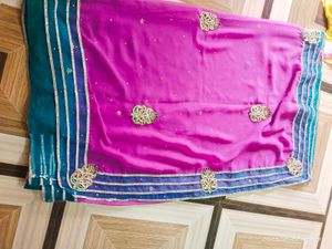 Pink &amp; Teal Embroidered Saree