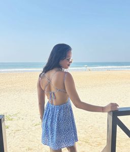 Blue Floral Backless Mini Dress