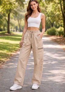 Beige Wide Leg Cargo Pants