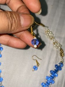 Blue Crystal &amp; Pearl Necklace Earrings Set