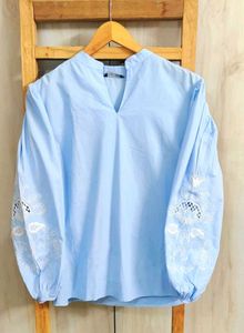 Blue Embroidered Sleeve Top Size-42
