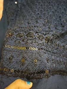 Navy &amp; White Embroidered Kurta with Skirt &amp; Dupatt