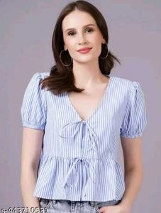 Triped Puff Sleeves Tie Top Blue