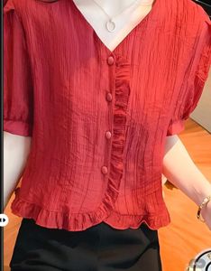 New with tag Chic Red Ruffled Button-Down Top