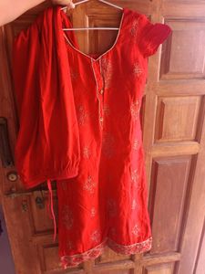Red Embroidered Kurta With Pant
