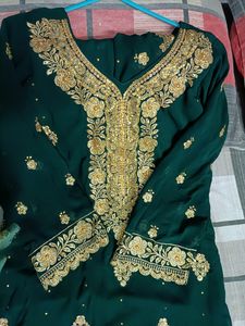 Party Wear embroidery Work Dark Green Kurta Pyjama Suit With Dupatta
