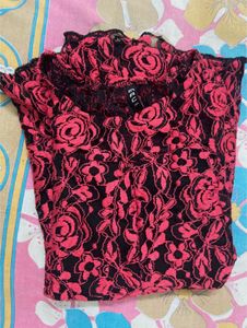 Peach Black Net Top