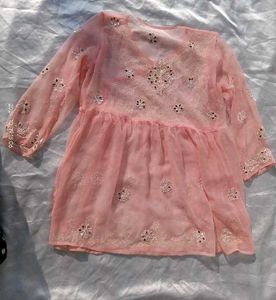 Beutiful Peach Chikankari Mirror Work Kurti/ Tunic