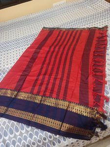 Brand New Soft Silk Saree Red Body And Blue Zari Border All Over Checks With Blouse Pc