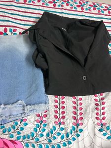 Stunning Royal Black Shirt And Denim Skirt
