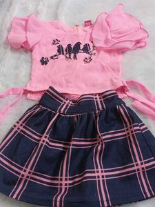 Pink Bird Top & Plaid Skirt Set