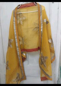 Yellow Floral Dupatta with Gotapatti Work