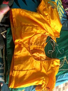Green Gota Patti saree yellow blouse 44 inch