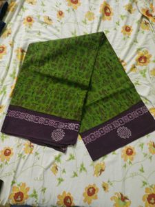 Green Saree With Violet Border (Cotton)Never Used