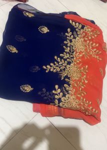Royal Blue & Orange Net Saree with GoldenEmbroidey