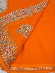Orange Floral Embroidered Sari