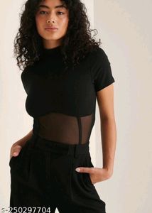 Round-Black Neck Top with Semi-Sheer Panel Hem Top For Women