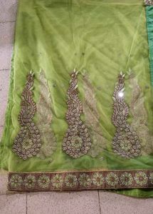 Golden And Parrot Green Sari With Blouse