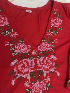 Red Embroidered Aline Kurta Set with plazzo