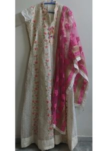 Beautiful White Anarkali with Pink Gold Florals