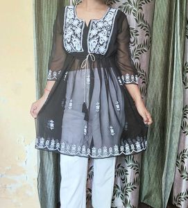 Embroidered Tie-Front Tunic