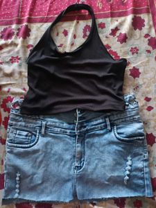 Black Halter Top & Denim Shorts Set