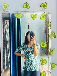 Teal Blue Floral Printed Kurti