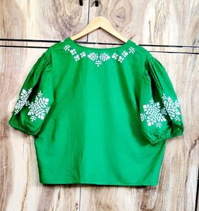 Green Embroidery Work Cotton Top Size-44