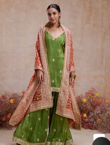 Elegant Green & Orange Sharara Suit