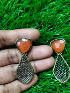 Oxydized Earrings With Orange Stone