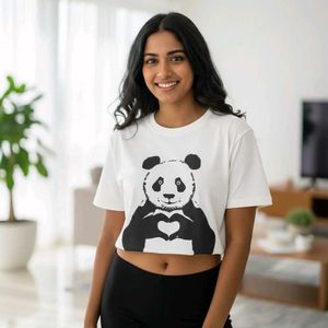Cute Panda Printed White Crop T-Shirt