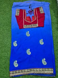 Blue Embroidered Saree with Blouse