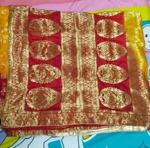 ghat chola bhandhej red and yellow saree