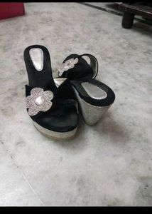 Black Flower Wedges Heels Good Condition