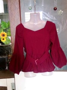Maroon Bell Sleeve Belted Top
