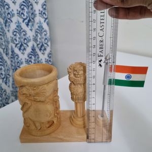 Wooden Pen Stand with Ashoka Stambh &amp; National Flag