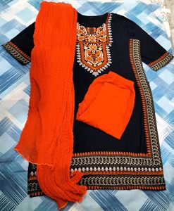 Navy Blue Kurta, Leggings And Dupatta Set