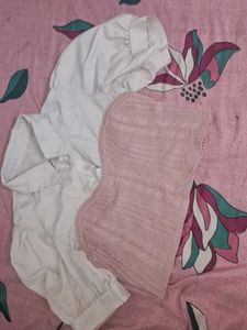 Vintage White Dress & Pink Knit Balaclava