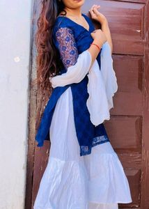 Sharara Set Pure Cotton Dark Blue With White