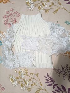 White Turtle neck lace long sleeves knit top