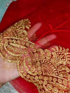 Red Net  Saree With Golden Peral Work