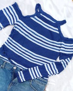 Blue Ribbed Striped Off Shoulder Short Top