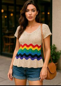 Korean Boho Rainbow Crochet Top A