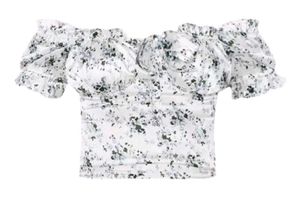 White Ditsy Print  Satin Frill Bardot Crop Top