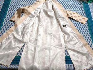 Groom Cream Embroidered Silk Sherwani Set, Jutti