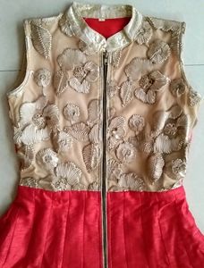 Red Zipper Gown Dress With Golden Lengha Size-M