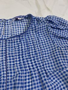 Blue Gingham Ruffle Hem Top