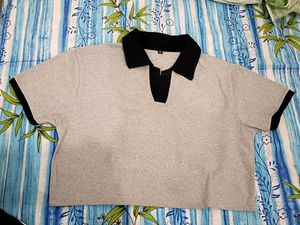 Grey & Black Cropped Polo Shirt