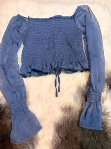 Blue Smocked Crop Top